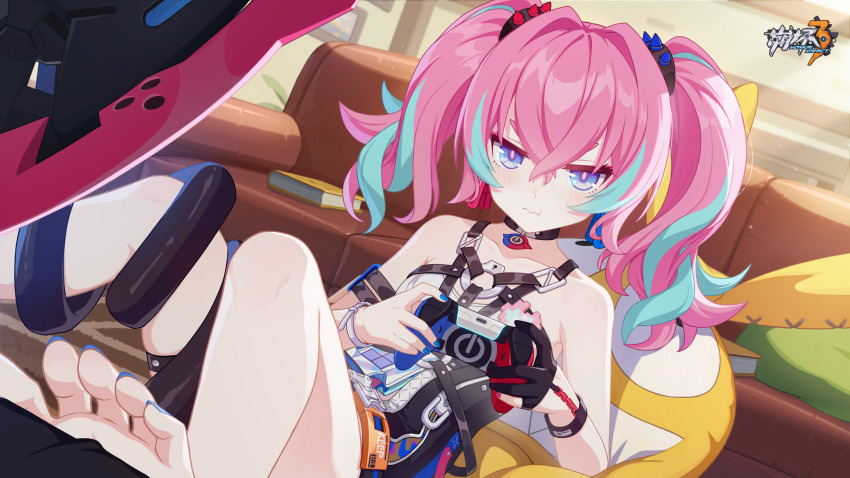 1girl, bare_shoulders, barefoot, blue_nails, book, bracelet, breasts, chinese_commentary, closed_mouth, controller, couch, crossed_bangs, game_controller, gloves, hair_between_eyes, highres, holding, holding_controller, homu_(honkai_impact), honkai_(series), honkai_impact_3rd, indoors, jewelry, multicolored_hair, nail_polish, official_art, official_wallpaper, pink_hair, rozaliya_olenyeva, delta_(8-bit_fever)_(honkai_impact), delta_(honkai_impact), single_glove, sitting, small_breasts, solo, streaked_hair, stuffed_animal, stuffed_toy, toenail_polish, toenails, toes, twintails, weapon