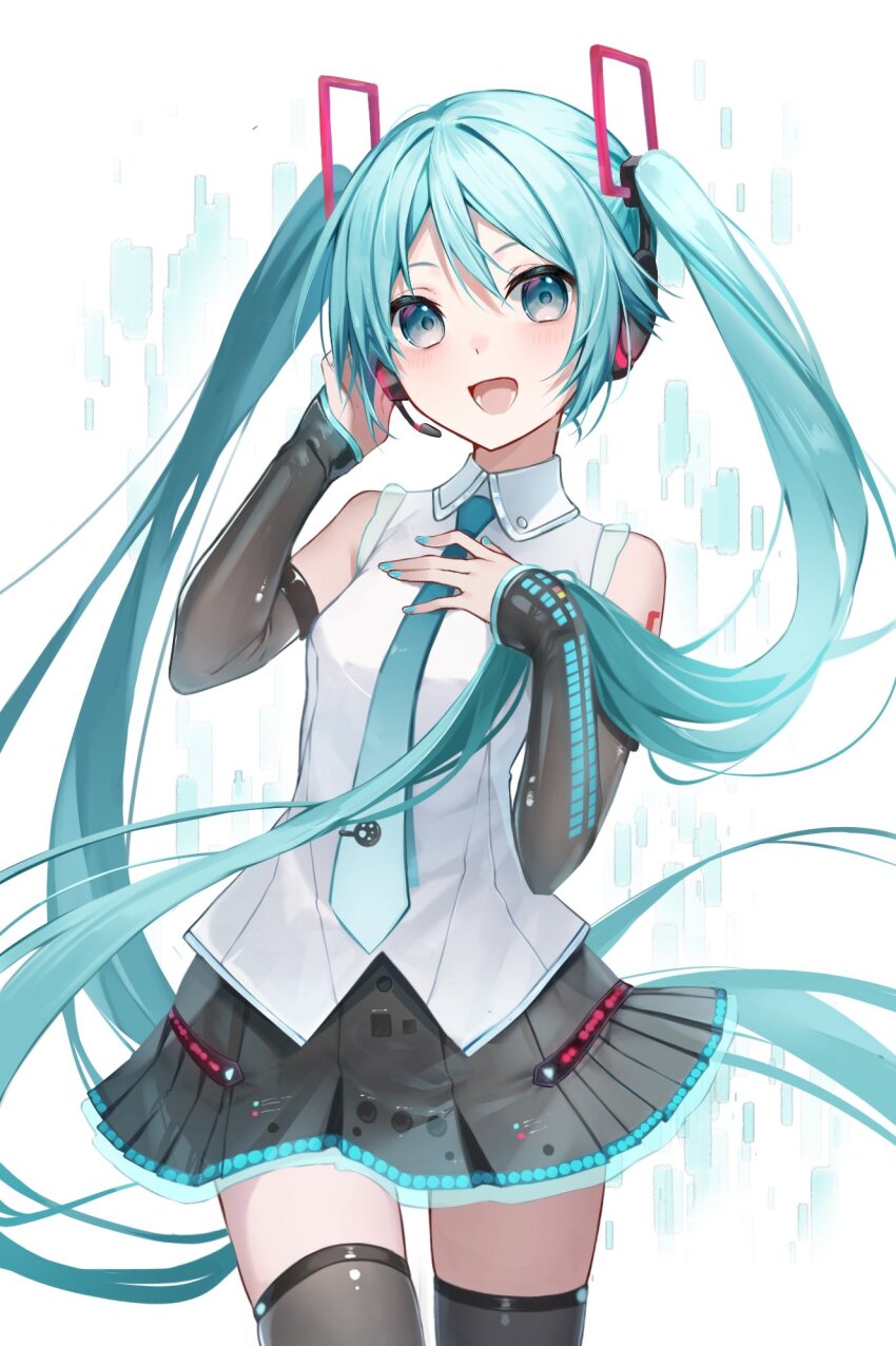 1girl, :d, arm_tattoo, blue_eyes, blue_hair, blue_nails, blue_necktie, collared_shirt, detached_sleeves, floating_hair, grey_skirt, grey_sleeves, grey_thighhighs, hair_between_eyes, hair_ornament, hatsune_miku, hatsune_miku_(vocaloid4), headphones, headset, highres, long_hair, long_sleeves, microphone, miniskirt, murumuru_(pixiv51689952), nail_polish, necktie, open_mouth, pleated_skirt, shirt, skirt, sleeveless, sleeveless_shirt, sleeves_past_wrists, smile, solo, standing, tattoo, thighhighs, very_long_hair, vocaloid, white_background, white_shirt, wing_collar, zettai_ryouiki