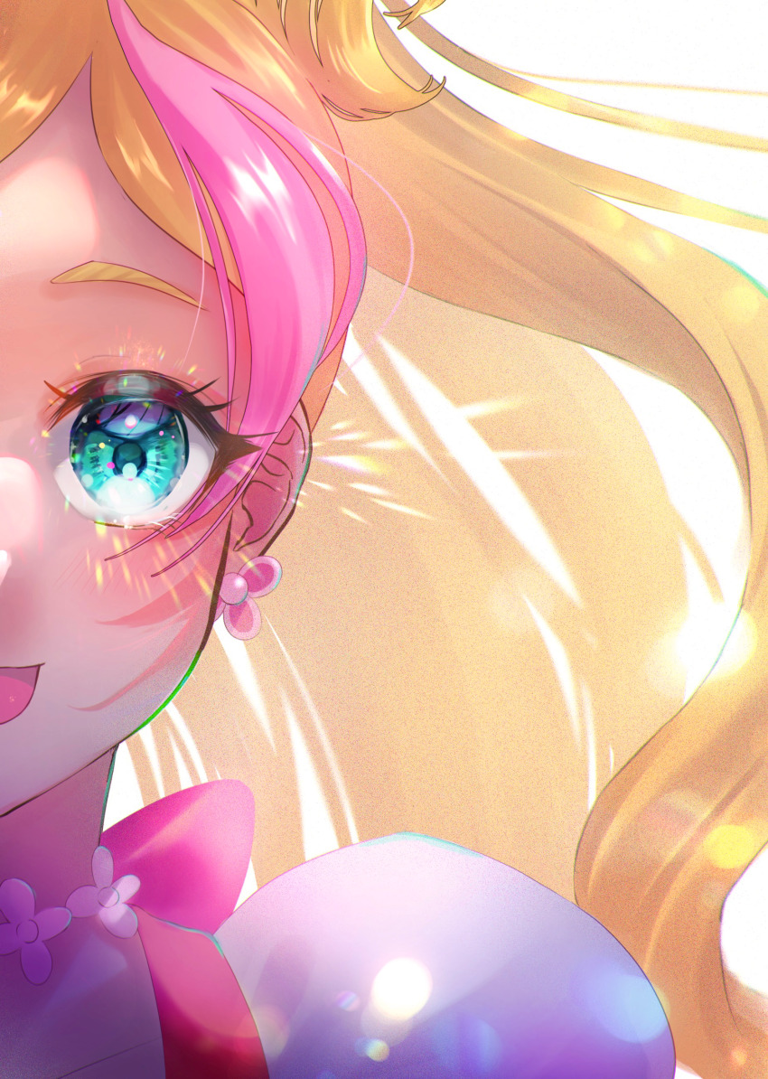 1girl, :d, absurdres, blonde_hair, cure_flora, earrings, eyelashes, floating_hair
