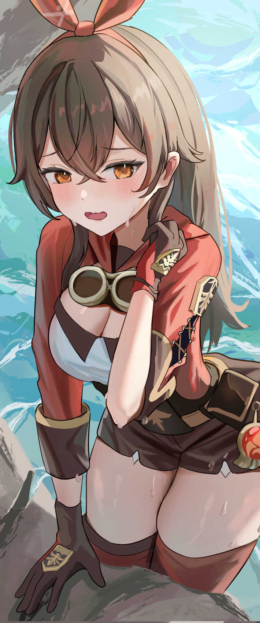 1girl, absurdres, amber_(genshin_impact), bow, breasts, brown_gloves, brown_hair, cleavage