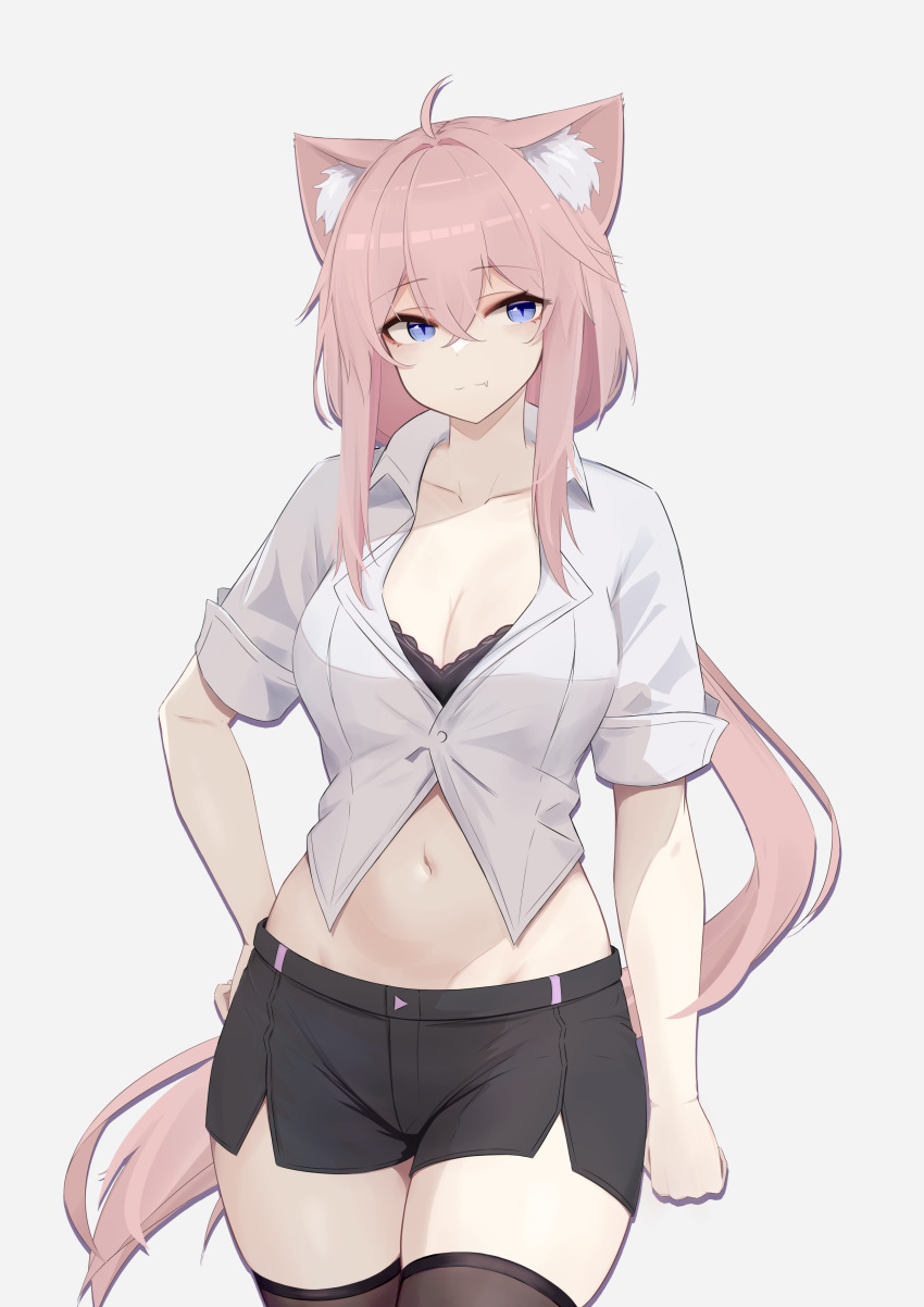 1girl, absurdres, ahoge, animal_ear_fluff, animal_ears, black_shorts, black_thighhighs, blue_eyes