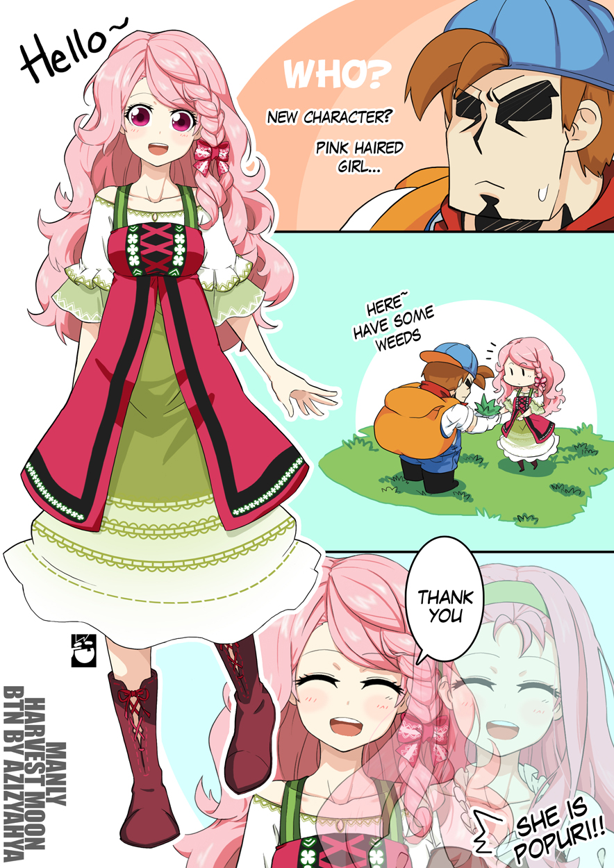 1boy, 2girls, backpack, bag, baseball_cap, blue_headwear, bokujou_monogatari, bokujou_monogatari:_harvest_moon