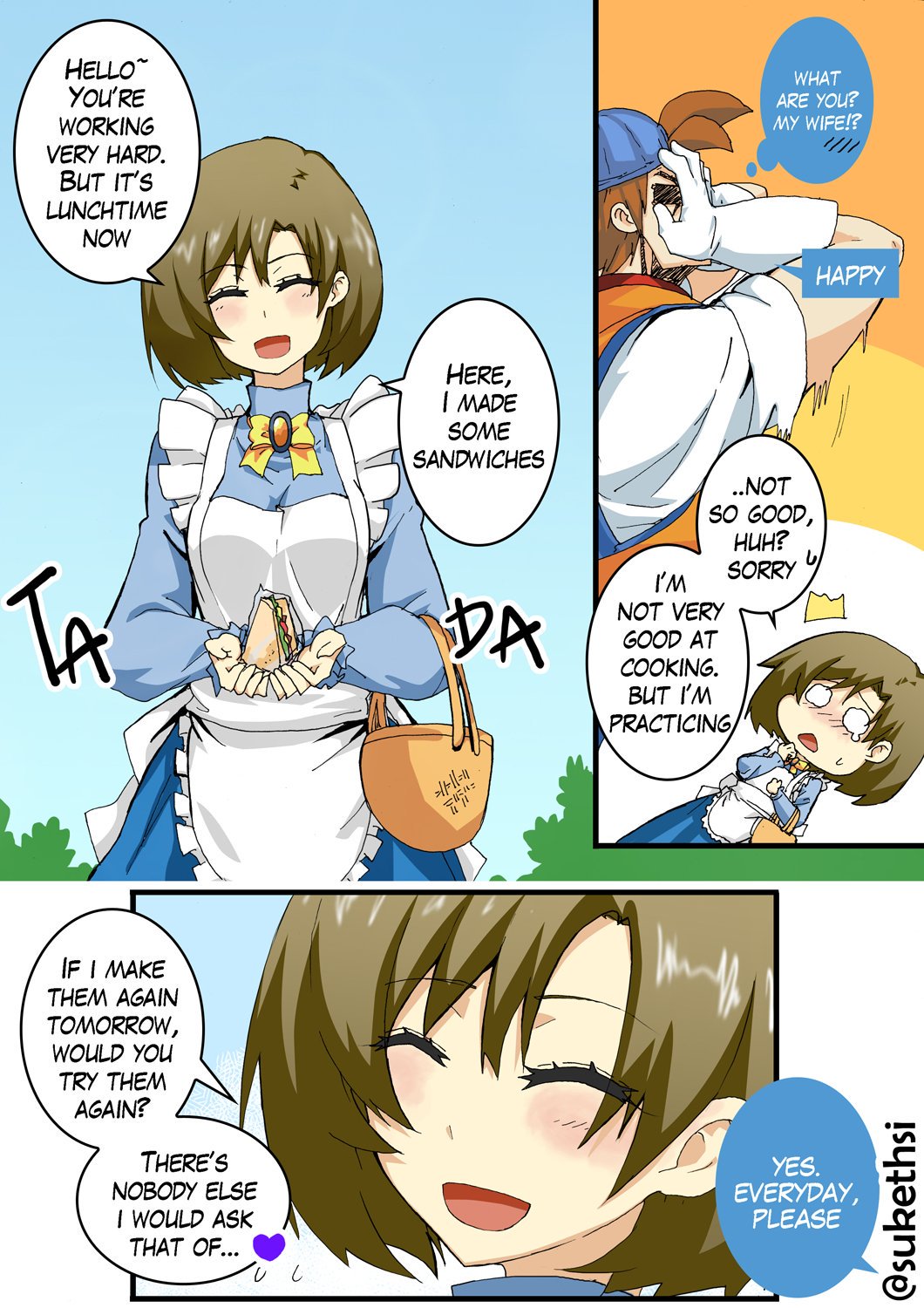 1boy, 1girl, apron, blue_dress, blue_headwear, blush, bokujou_monogatari, bokujou_monogatari:_harvest_moon