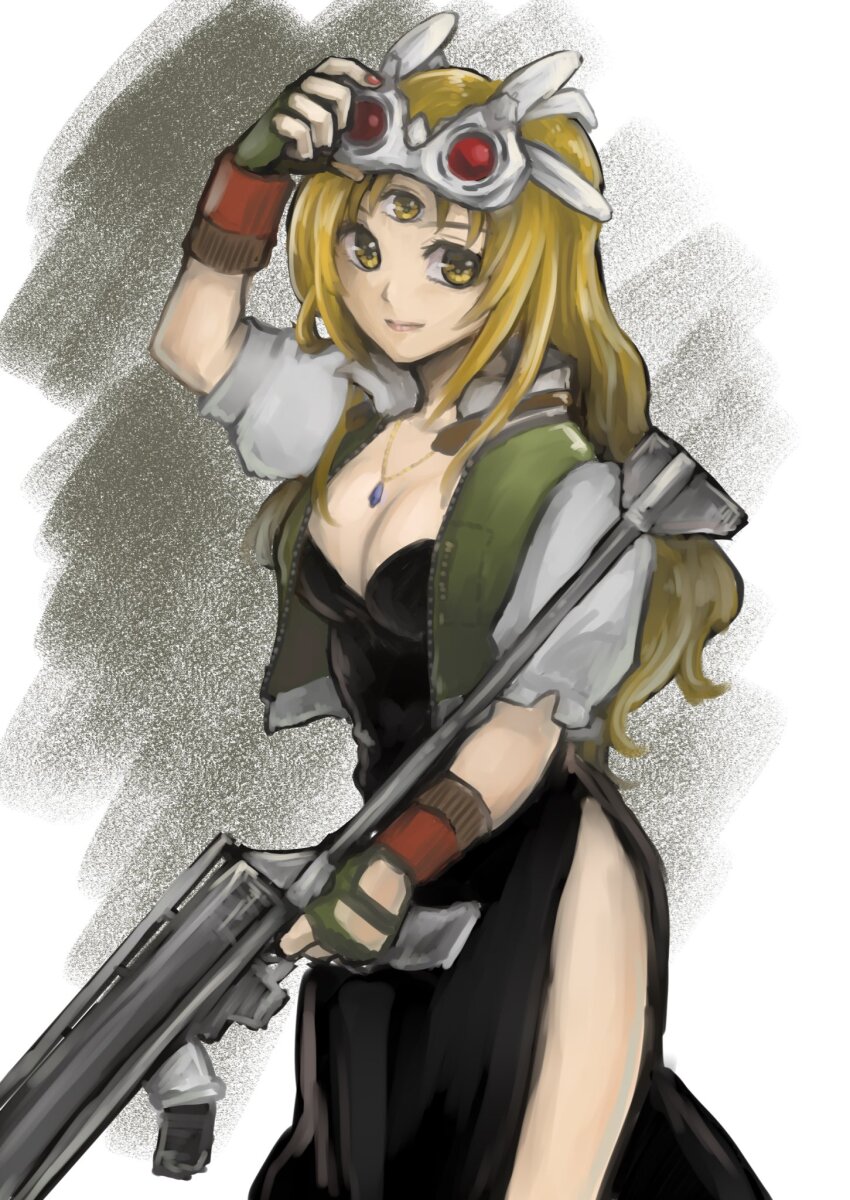 1girl, black_dress, breasts, chickenkue, cleavage, closed_mouth, dress, fingerless_gloves