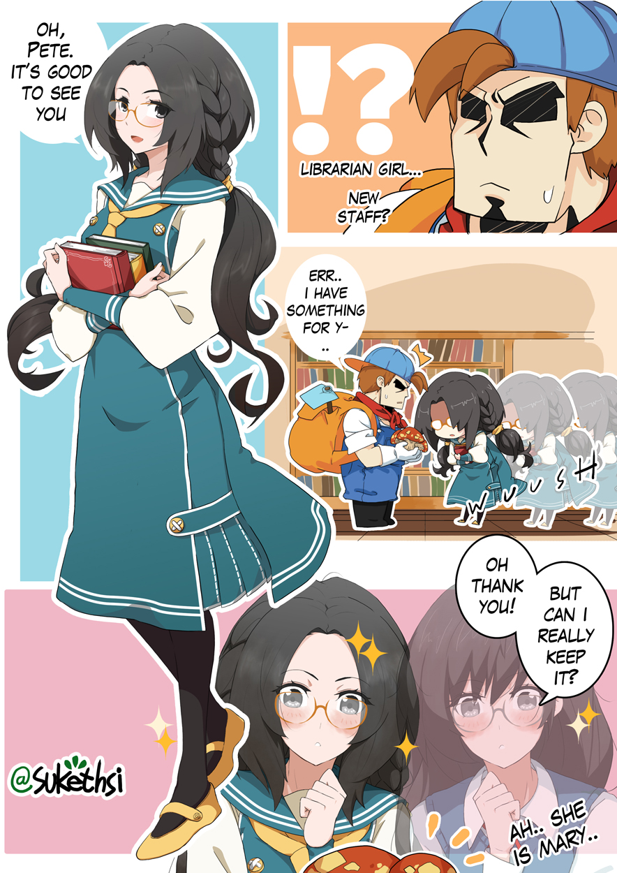 1boy, 2girls, backpack, bag, baseball_cap, black_hair, blue_headwear, blue_overalls