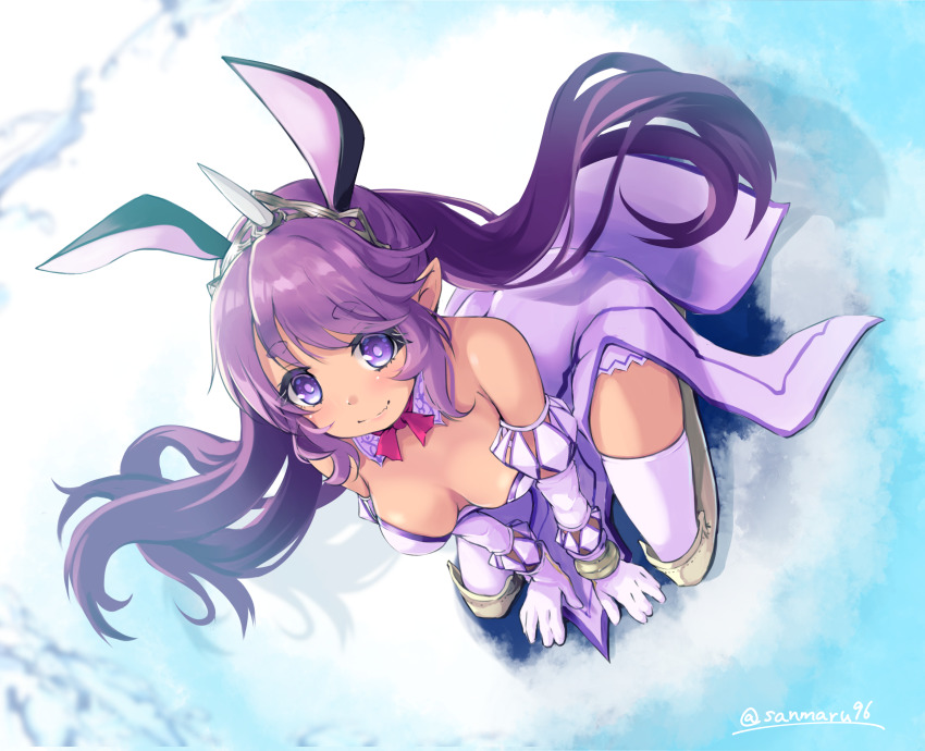 1girl, animal_ears, bare_shoulders, bemani, breasts, closed_mouth, collar, detached_collar, deux_saint-co_pilica, elbow_gloves, eyelashes, fang, floating_hair, from_above, full_body, gloves, highres, kneeling, kuro_(be_ok), purple_dress, leaning_forward, long_hair, medium_breasts, neck_ribbon, pointy_ears, purple_collar, purple_eyes, purple_hair, rabbit_ears, ribbon, short_eyebrows, sidelocks, skin_fang, smile, solo, sound_voltex, swept_bangs, thick_eyebrows, thighhighs, tiara, twintails, twitter_username, white_gloves, white_thighhighs, zettai_ryouiki