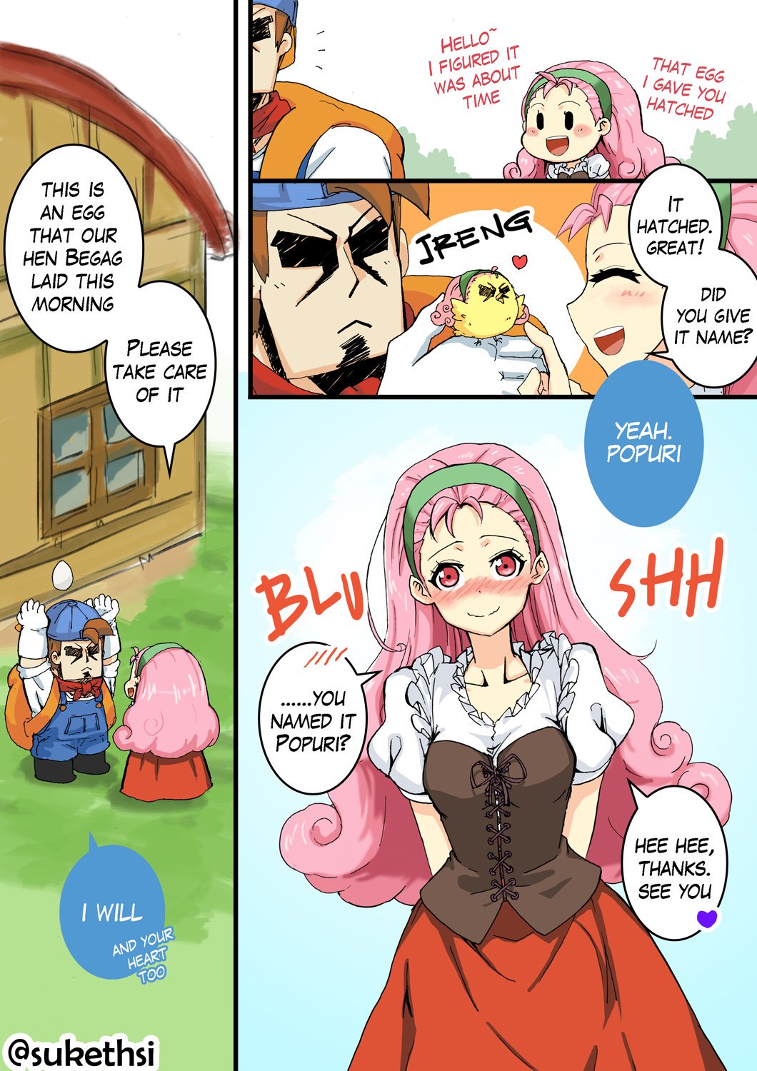 1boy, 1girl, animal, arms_behind_back, baby_animal, backpack, backwards_hat, bag