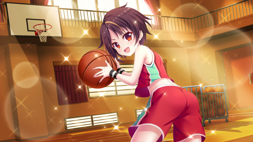 1girl, armpit_crease, ass, ball, bandou_mikuru, bare_shoulders, basketball, basketball_(object)