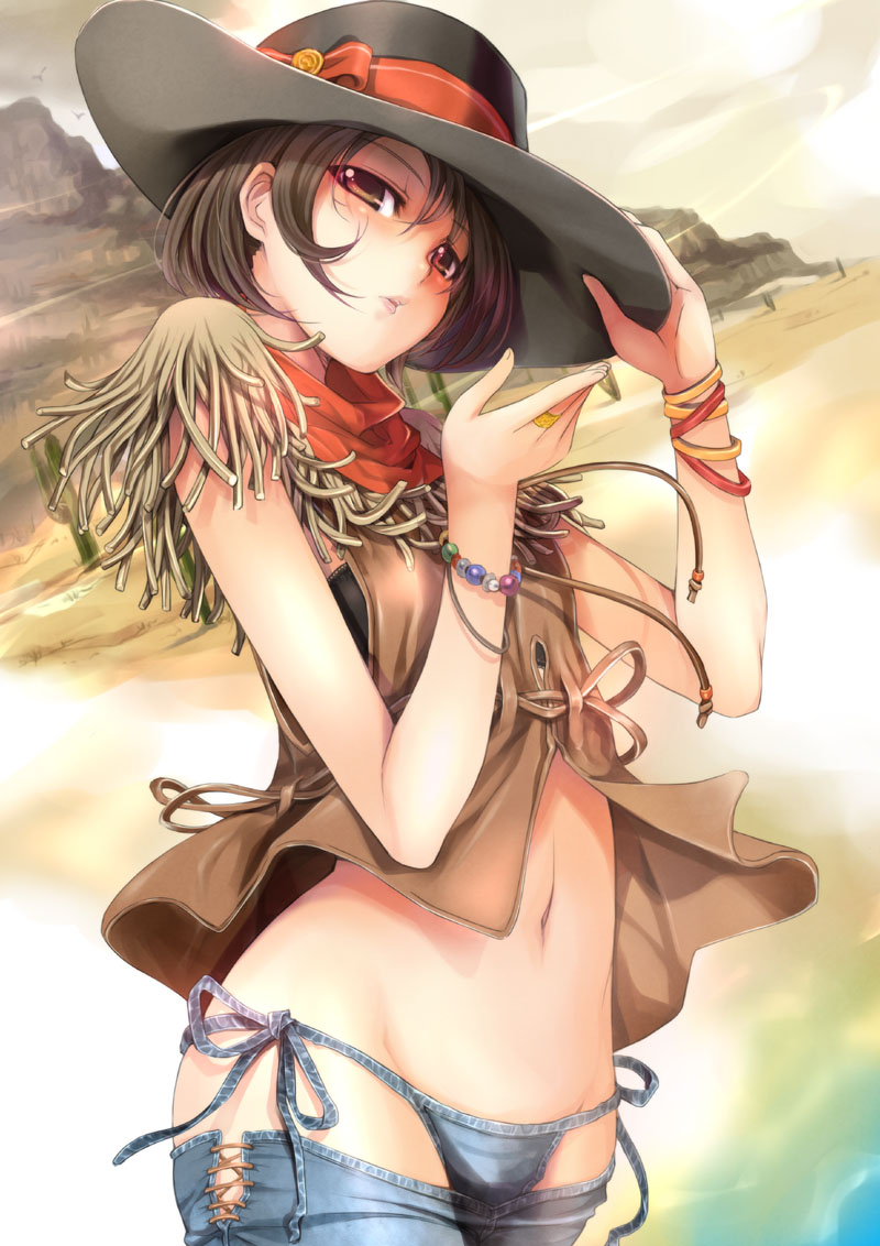 1girl, bikini_jeans, black_hat, blue_panties, bob_cut, bracelet, brown_hair, cowboy_hat