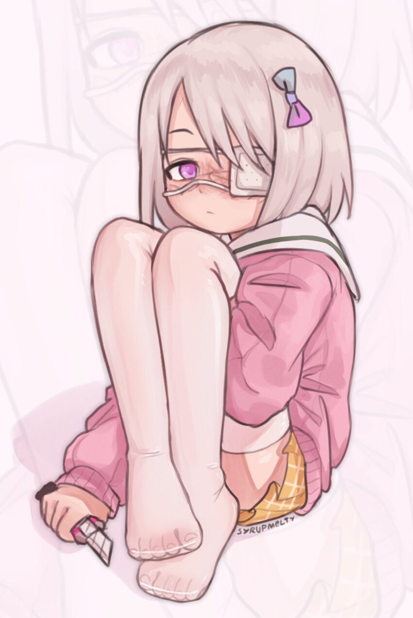 1girl, amagai_kosame, bow, boxcutter, expressionless, eyepatch, feet, full_body, hair_bow, half-closed_eyes, highres, holding, holding_boxcutter, hugging_own_legs, knees_to_chest, mahou_shoujo_site, medical_eyepatch, pink_serafuku, purple_eyes, sailor_collar, school_uniform, serafuku, short_hair, skirt, solo, syrupmelty, takanoori_middle_school_uniform, thighhighs, toenails, toes, white_background, white_hair, white_sailor_collar, white_thighhighs, yellow_skirt