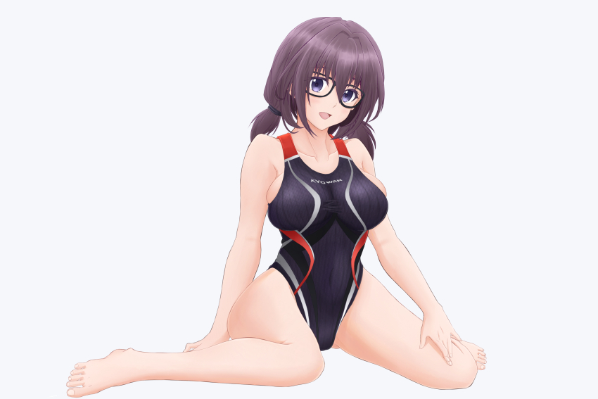 1girl, absurdres, alice_gear_aegis, barefoot, black-framed_eyewear, black_hair, black_one-piece_swimsuit, blue_eyes