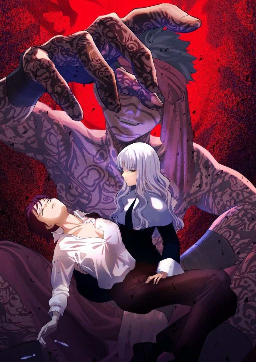 1boy, angra_mainyu_(fate), bandana, bazett_fraga_mcremitz, black_hair, caren_hortensia, dark-skinned_male, dark_skin