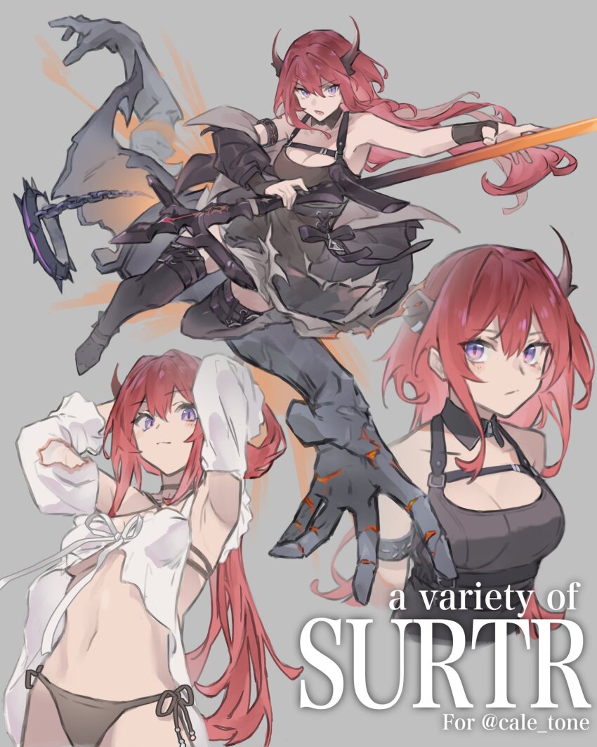 1girl, arknights, arms_at_sides, arms_up, bikini, black_bikini, black_gloves, black_jacket