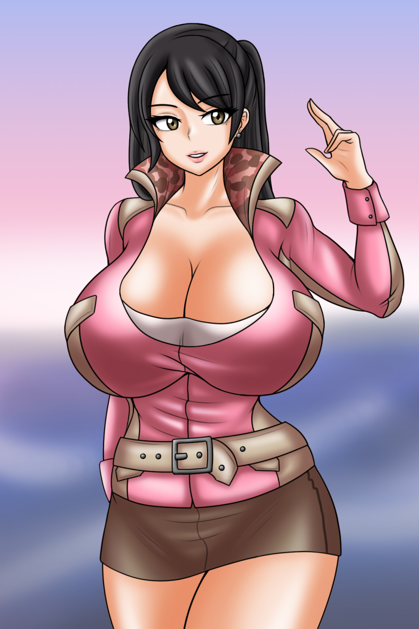 1girl, black_hair, breasts, cleavage, gogo_sentai_boukenger, highres, jacket, large_breasts, nishihori_sakura, olive_eyes, shirt, skirt, super_sentai, treezero