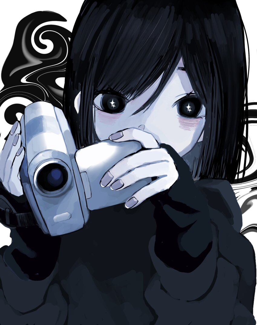 1girl, black_eyes, black_hair, black_sweater, camcorder, camera, covered_mouth, hands_up