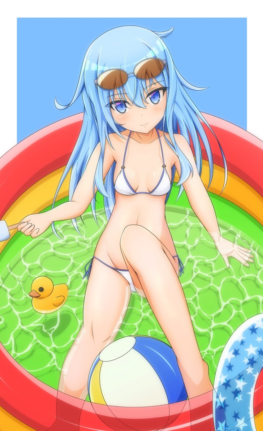 1girl, ball, beachball, bell_shireikan, bikini, blue_eyes, breasts, buoy