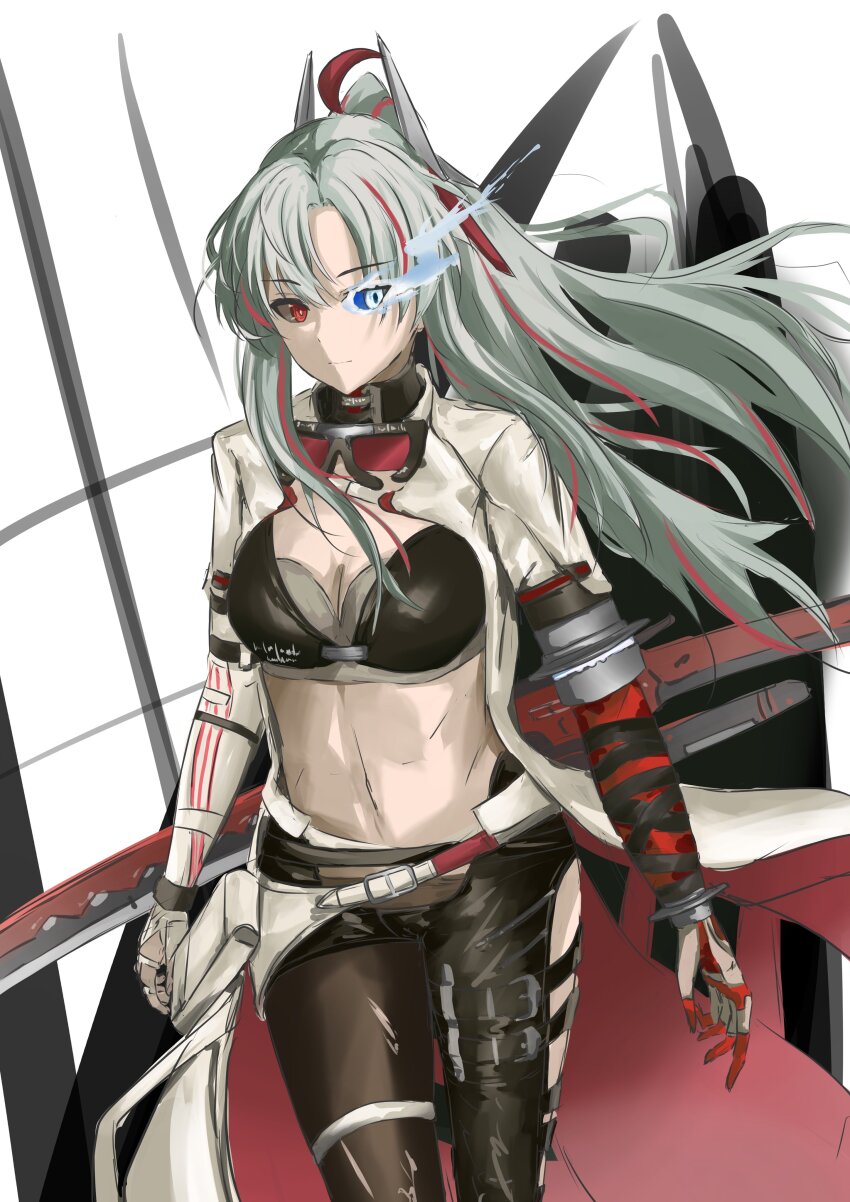 1girl, absurdres, alpha_(pgr), black_bra, black_leggings, blue_eyes, bra, breasts