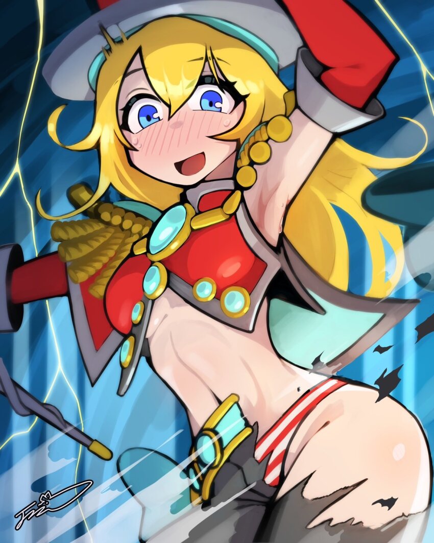 1girl, armpits, asymmetrical_sleeves, black_pants, blonde_hair, blue_eyes, blush, breasts, crop_top, dillo_(smootharmadillo), duel_monster, gameplay_mechanics, hat, highres, long_hair, medium_breasts, midriff, mystical_space_typhoon, navel, panties, pants, pendulum_witch, red_panties, red_shirt, shirt, smile, solo, standing, top_hat, torn_clothes, underboob, underwear, yu-gi-oh!