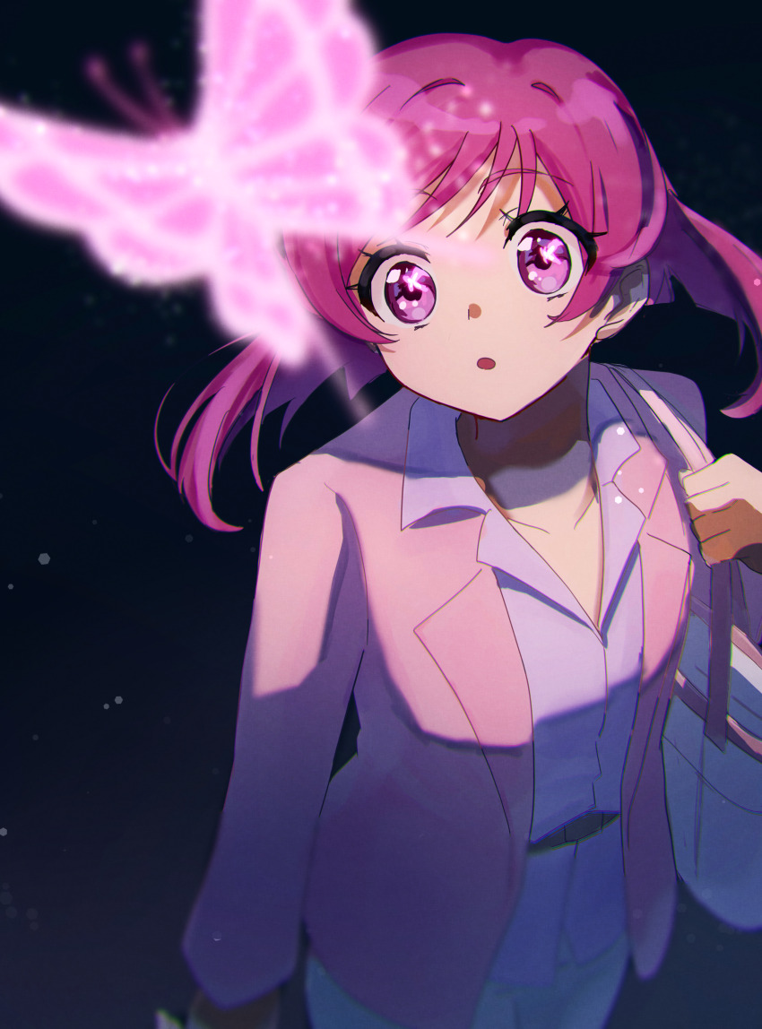 1girl, :o, absurdres, bag, black_background, blazer, blurry, blurry_foreground