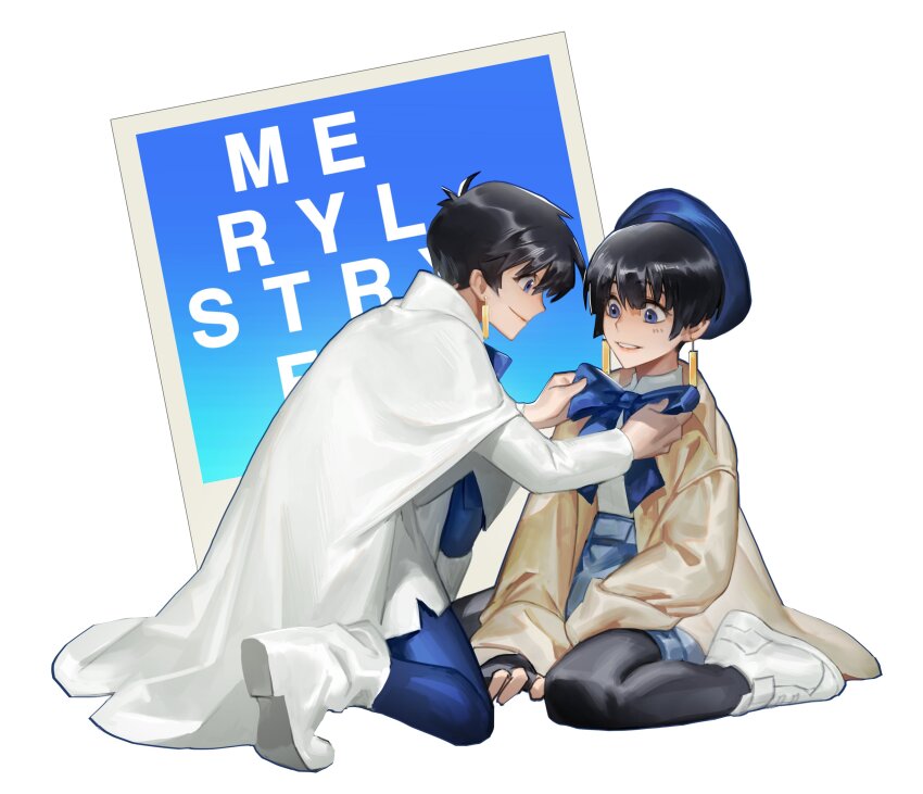 absurdres, black_gloves, blue_bow, blue_headwear, boots, bow, cape, dual_persona