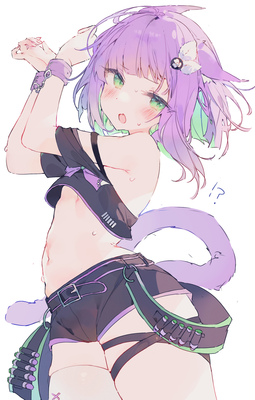 !?, 1girl, absurdres, animal_ears, arched_back, arms_up, bare_shoulders, belt