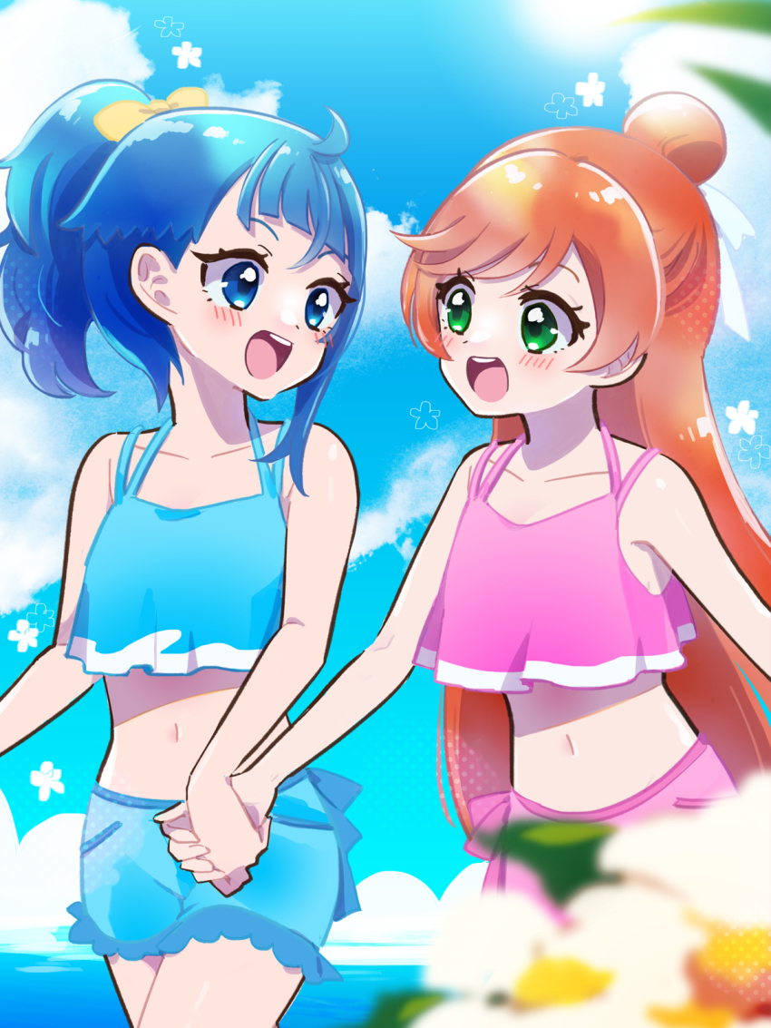 2girls, :d, bikini, bikini_skirt, blue_bikini, blue_eyes, blue_hair, blue_sky