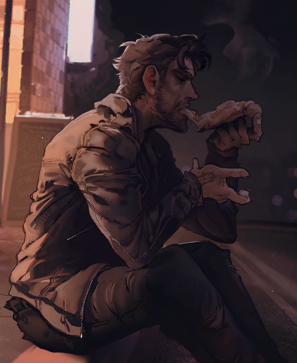 1boy, beard, black_pants, closed_eyes, dream_daddy:_a_dad_dating_simulator, eating, facial_hair, food