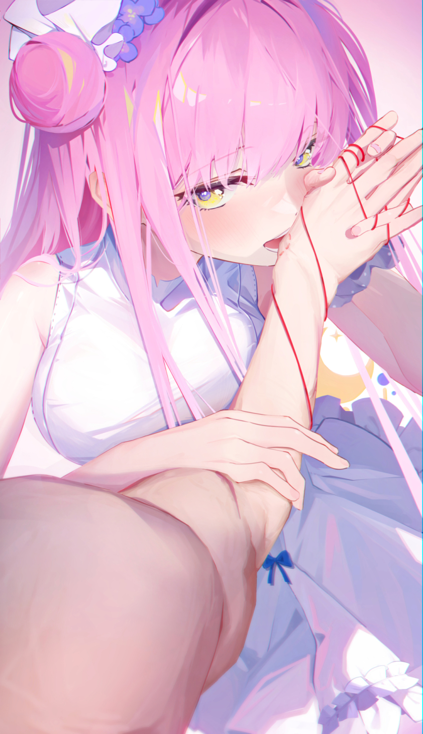 1girl, 999kun, bare_arms, bare_shoulders, bite_mark, bite_mark_on_hand, biting, biting_another's_hand