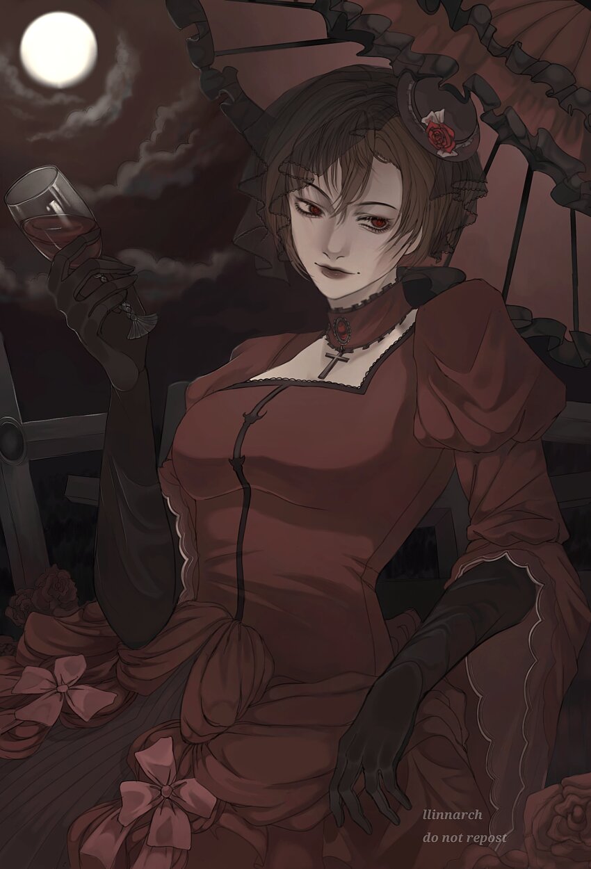 absurdres, alcohol, artist_name, banica_conchita, black_gloves, black_veil, bow, breasts