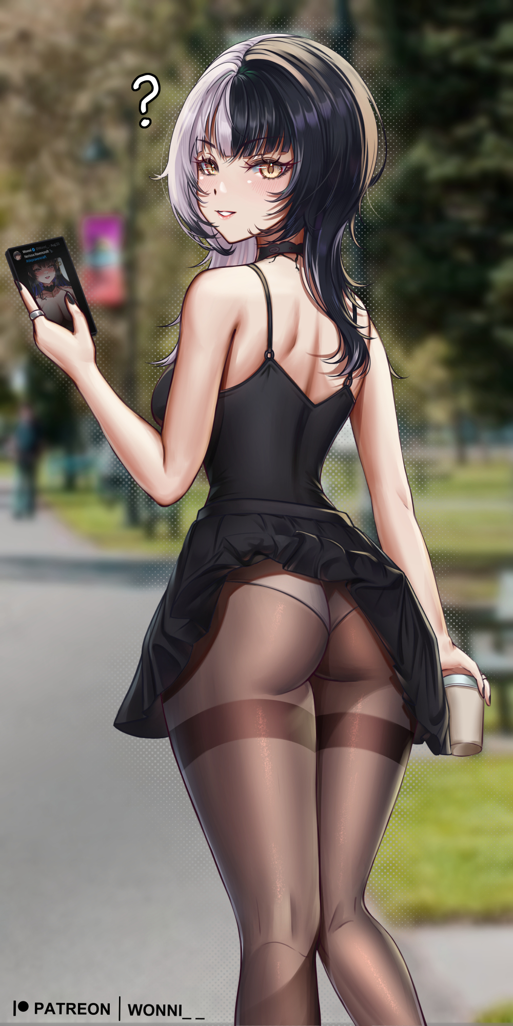 1girl, ?, accidental_exposure, alternate_costume, ass, ben-day_dots, black_choker, black_hair
