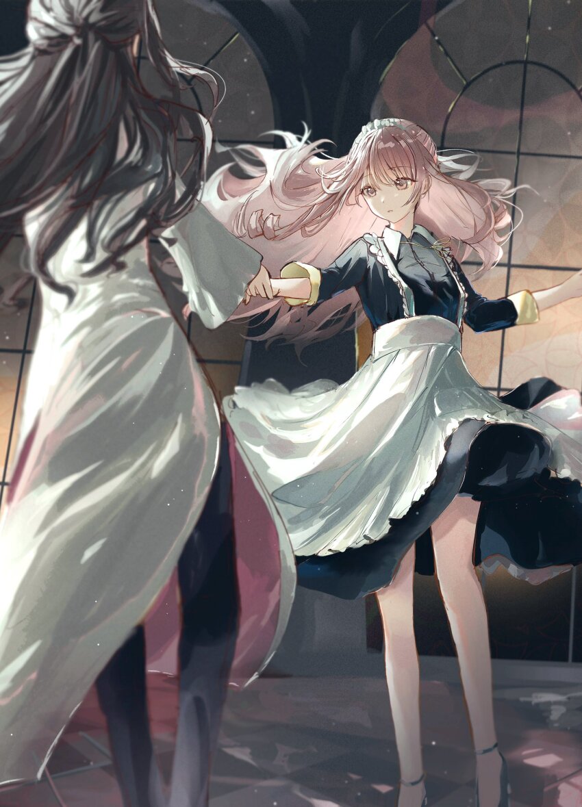 1girl, 1other, akiyama_mizuki, amuko08, androgynous, apron, back, black_dress