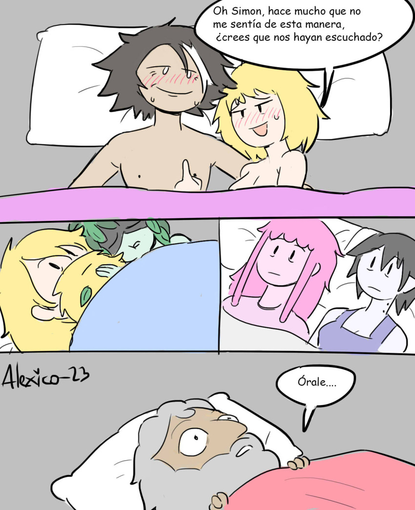 3boys, 4girls, :|, adventure_time, adventure_time:_fionna_and_cake, afterglow, artist_name, awake, awkward, bags_under_eyes, beard, bed_sheet, black_hair, blank_eyes, blonde_hair, blush, breasts, camisole, cleavage, closed_eyes, closed_mouth, constricted_pupils, couple, expressionless, facial_hair, finn_the_human, green_hair, grey_shirt, half-closed_eyes, highres, huntress_wizard, implied_after_sex, lying, marceline_abadeer, medium_breasts, medium_hair, messy_hair, minerva_campbell, multicolored_hair, multiple_boys, multiple_girls, naked_sheet, old, old_man, on_back, on_bed, parody, pillow, pink_hair, pink_shirt, plant_hair, princess_bonnibel_bubblegum, prismo, purple_camisole, shirt, short_hair, simon_petrikov, sleeveless, sleeveless_shirt, solid_oval_eyes, spanish_text, streaked_hair, sweat, thecooleralexico, translated, vampire, white_hair, wide-eyed, worried, yuri