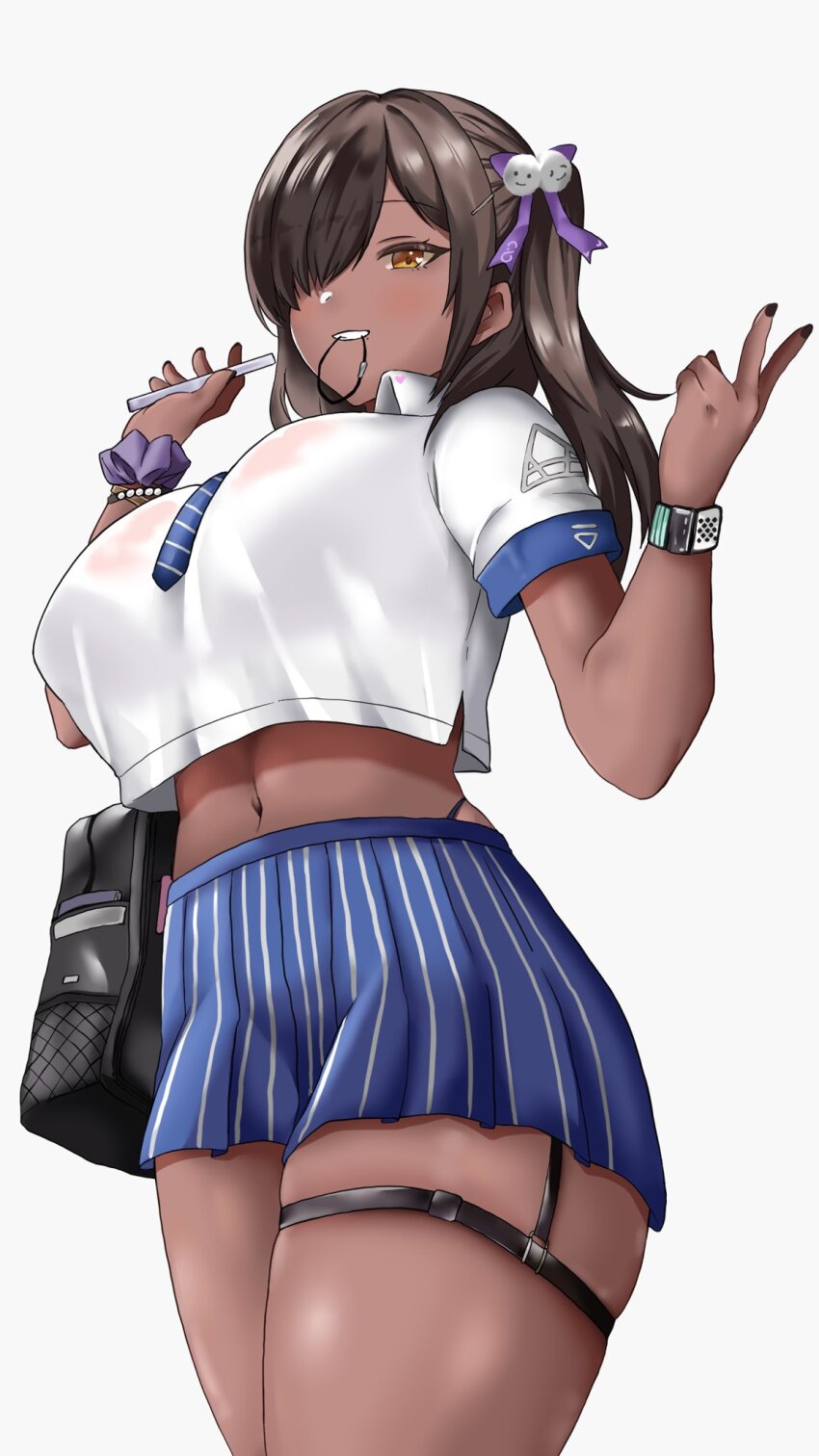 1girl, bead_bracelet, beads, black_collar, black_nails, blue_necktie, blurry, bracelet, breasts, brown_eyes, brown_hair, collar, collarbone, collared_shirt, dark-skinned_female, dark_skin, ear_piercing, earrings, goddess_of_victory:_nikke, grin, hair_ornament, highres, jewelry, large_breasts, lips, long_hair, loose_necktie, naga_(nikke), nail_polish, navel, necklace, necktie, one_eye_covered, piercing, pleated_skirt, scrunchie, shirt, short_sleeves, side_ponytail, simple_background, skirt, smile, solo, striped_clothes, striped_necktie, takeshiki_no_hirata, v, white_background, white_shirt, wrist_scrunchie