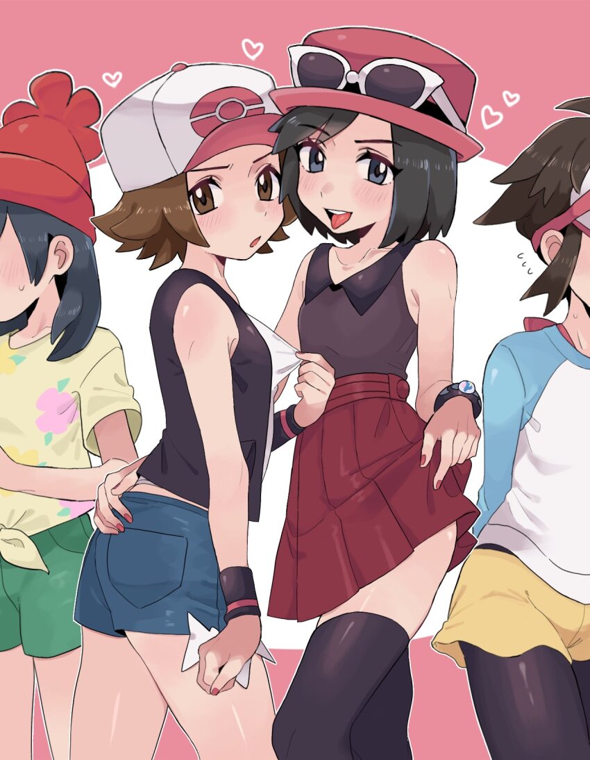 4boys, :o, beanie, blush, bracelet, brown_eyes, brown_hair, calem_(pokemon)