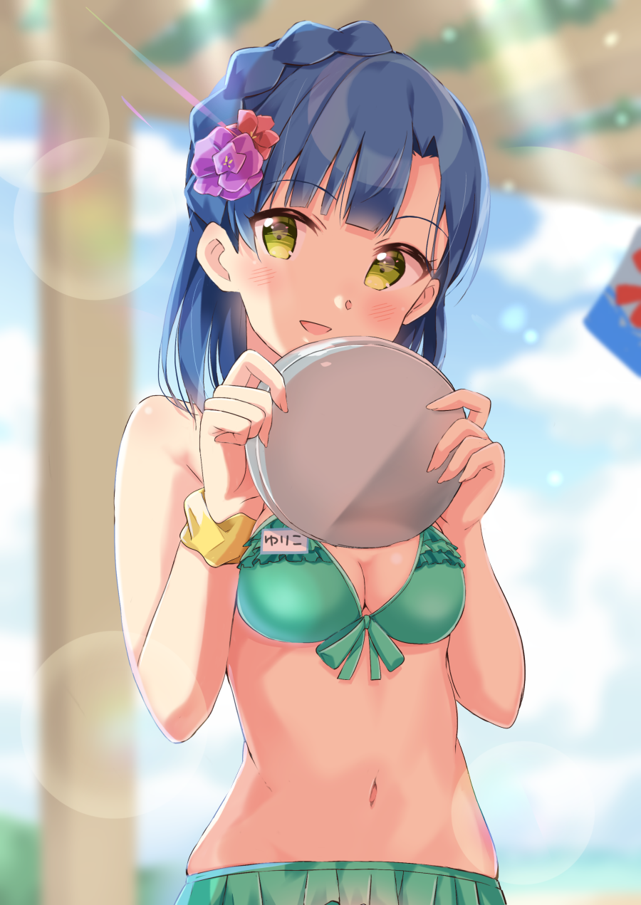 1girl, bare_shoulders, beach, bikini, blue_hair, blue_sky, blurry, blurry_background, blush, braid, breasts, bush, ceiling, character_name, cleavage, cloud, day, flower, front-tie_bikini_top, front-tie_top, green_bikini, hair_flower, hair_ornament, hands_up, highres, holding, holding_tray, horizon, idolmaster, idolmaster_million_live!, idolmaster_million_live!_theater_days, kooribata, lens_flare, light_particles, looking_at_viewer, name_tag, nanao_yuriko, navel, ocean, open_mouth, outdoors, pillar, purple_flower, rainbow_gradient, red_flower, scrunchie, short_hair, sky, small_breasts, smile, solo, sunlight, swimsuit, tktk135, tray, upper_body, wrist_scrunchie, yellow_eyes, yellow_scrunchie