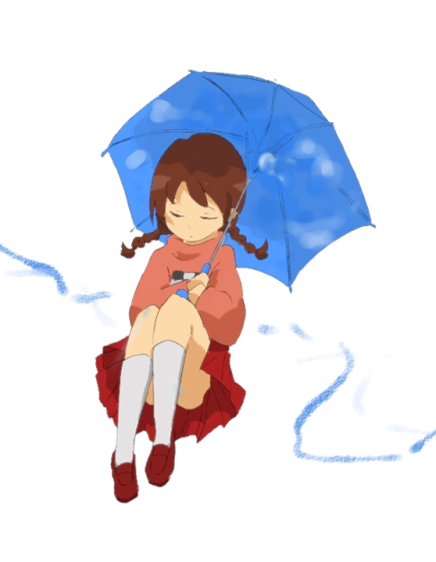1girl, braid, brown_hair, closed_eyes, female_focus, kneehighs, madotsuki, matatabilemon, pink_shirt, pink_sweater, red_shoes, shirt, shoes, skirt, socks, solo, sweater, twin_braids, twintails, umbrella, yume_nikki