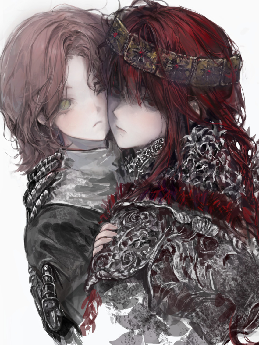 2girls, armor, braid, brown_hair, cheek-to-cheek, cropped_torso, elden_ring, expressionless