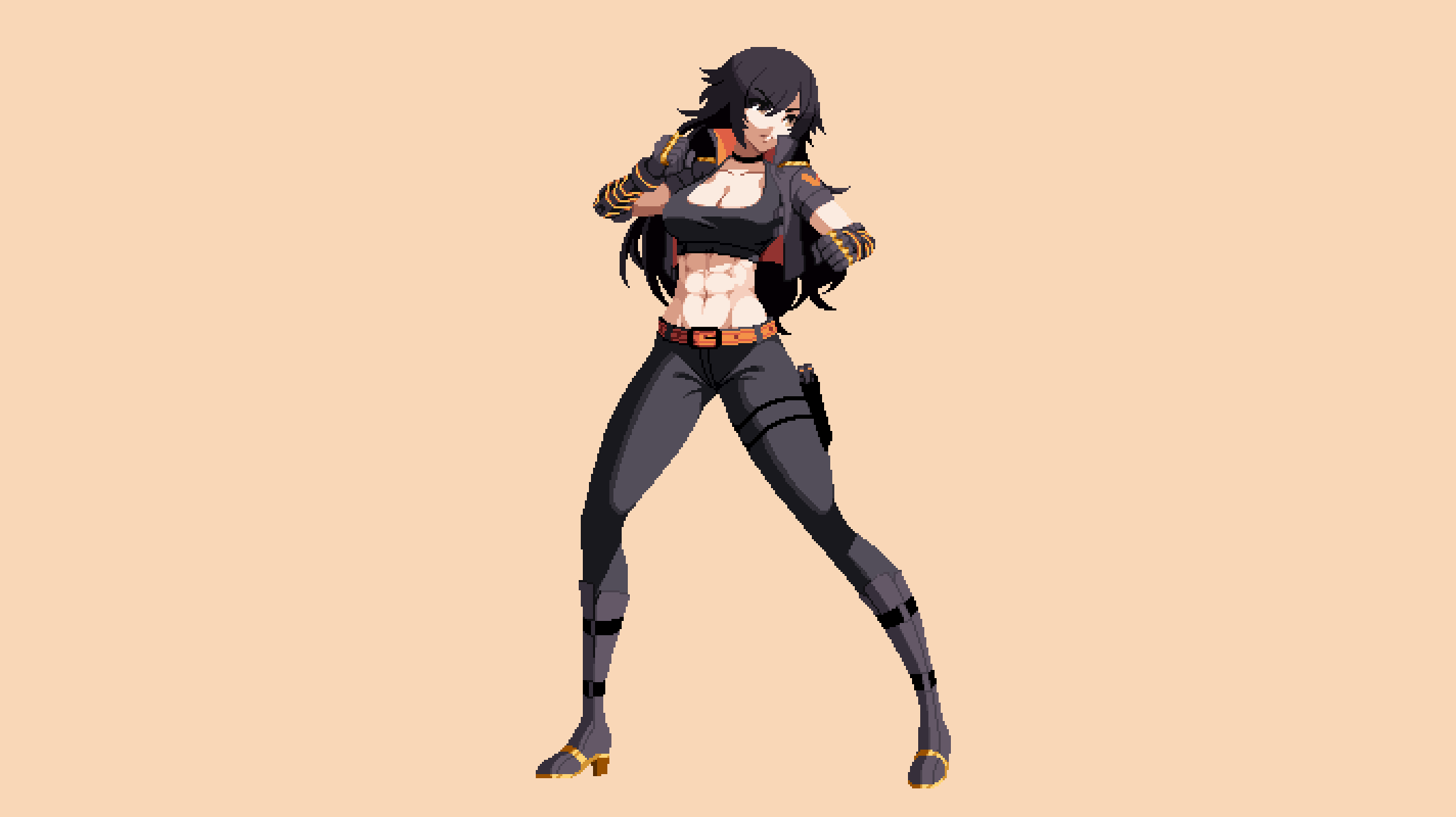 abs, belt, belt_buckle, black_hair, black_sports_bra, boot_straps, boots, breasts, brown_eyes, buckle, buskhusker, cleavage, collarbone, commission, cropped_jacket, fighting_stance, gauntlets, grey_jacket, high_collar, high_heel_boots, high_heels, highres, holster, jacket, large_breasts, long_hair, long_legs, messy_hair, muscular, muscular_female, original, pale_skin, parody, pixel_art, sera_(judgemint), shadow, simple_background, sports_bra, strap, style_parody, thigh_holster, under_night_in-birth