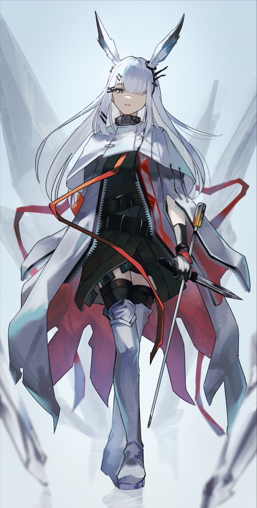 1girl, absurdres, animal_ear_fluff, animal_ears, arknights, black_dress, black_gloves, black_thighhighs, blue_eyes, blurry, blurry_foreground, boots, commentary_request, crossed_legs, depth_of_field, dress, frostnova_(arknights), full_body, gloves, grey_hair, hair_ornament, hair_over_one_eye, hairclip, highres, holding, holding_knife, jacket, knife, long_hair, long_sleeves, nanase_(nanase_cg), open_clothes, open_jacket, parted_lips, solo, thigh_boots, thighhighs, thighhighs_under_boots, very_long_hair, watson_cross, white_boots, white_jacket