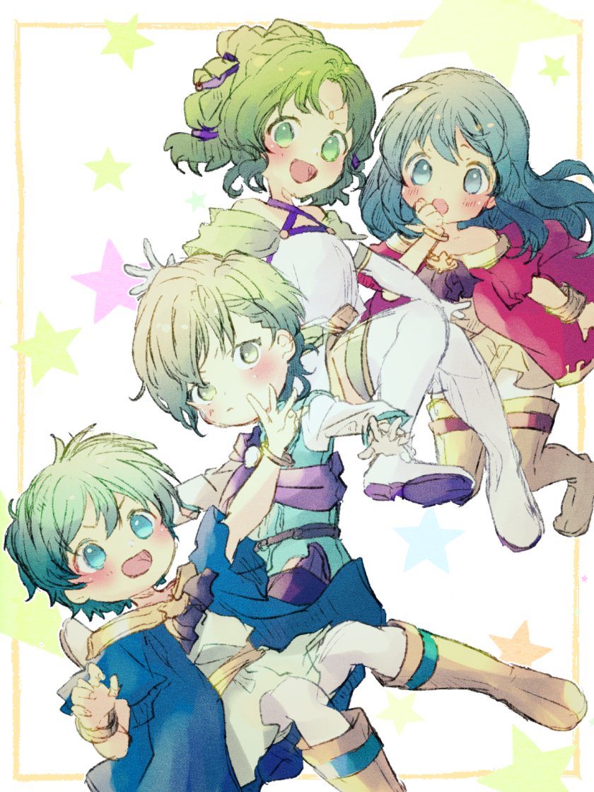 2boys, 2girls, :d, aged_down, aqua_eyes, aqua_hair, brother_and_sister, dress