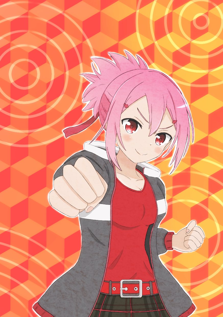 >:), 1girl, akamine_yuuna, belt, black_jacket, black_skirt, blush, breasts