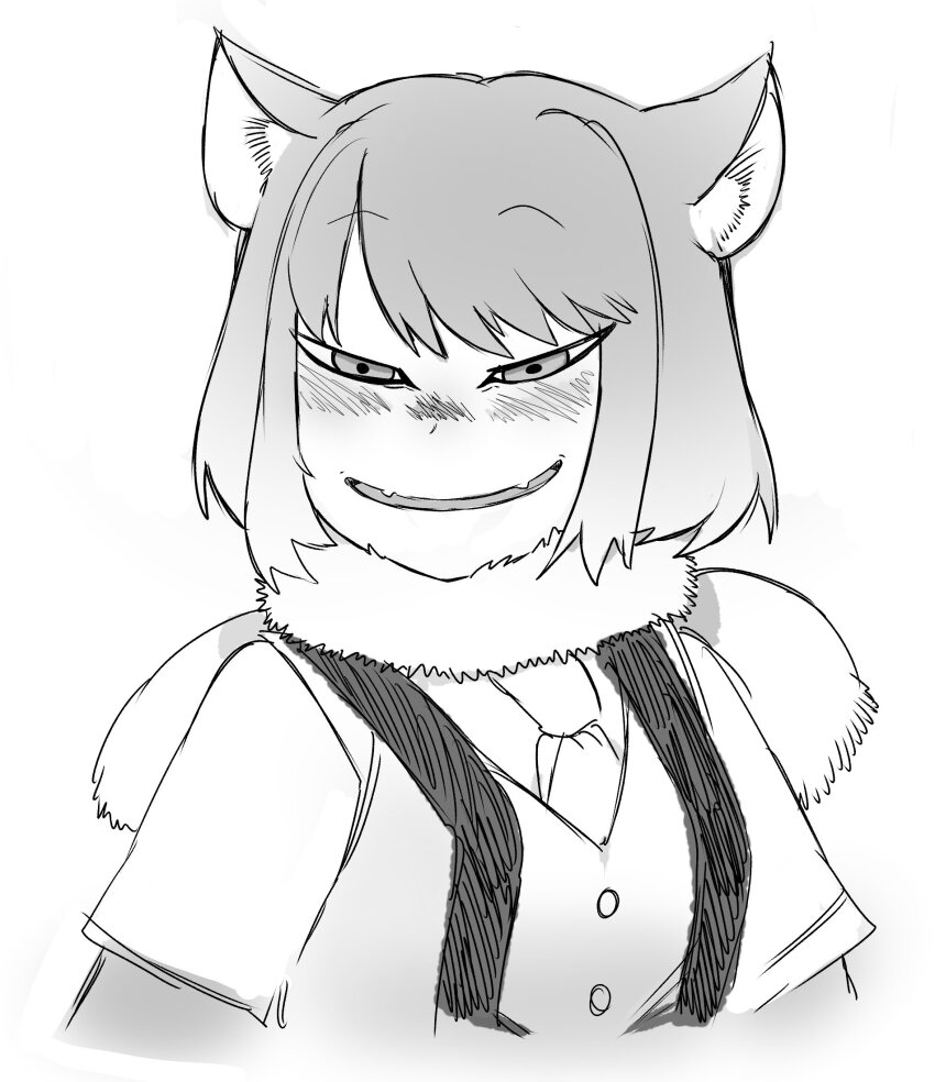 1girl, animal_ears, arms_at_sides, blush, fangs, fox_ears, fur_scarf, half-closed_eyes