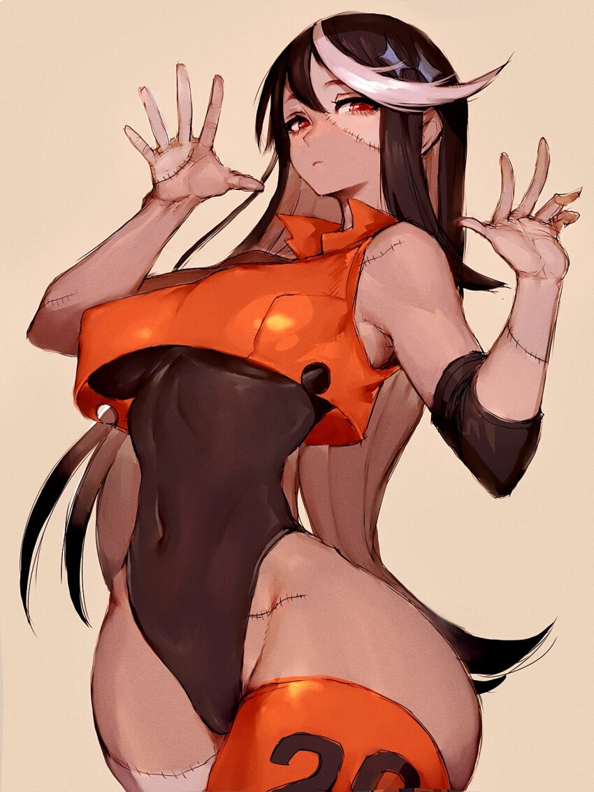 1girl, ado_(utaite), black_leotard, character_request, copyright_request, dark-skinned_female, dark_skin, elbow_pads