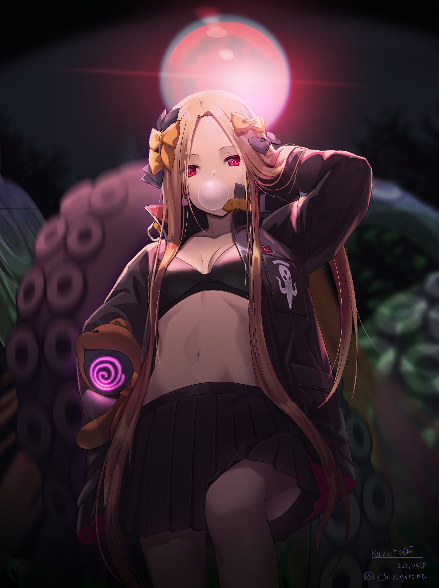 1girl, abigail_williams_(fate), abigail_williams_(traveling_outfit)_(fate), arm_behind_head, arm_up, black_bow, black_bra, black_jacket, black_skirt, blonde_hair, blowing_bubble_gum, blowing_bubbles, bow, bra, breasts, chewing_gum, closed_mouth, dated, fate/grand_order, fate_(series), feet_out_of_frame, from_below, glowing, hair_bow, jacket, kuzumochi_(kuzumochiya), long_hair, long_sleeves, looking_at_viewer, looking_down, navel, open_clothes, open_jacket, orange_bow, outdoors, parted_bangs, pleated_skirt, red_eyes, signature, skirt, sleeves_past_fingers, sleeves_past_wrists, small_breasts, solo, standing, standing_on_one_leg, suction_cups, tentacles, twitter_username, underwear, very_long_hair