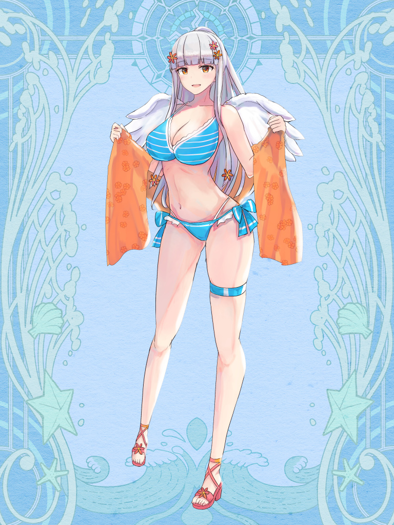 1girl, :d, bad_proportions, bikini, blue_background, blue_bikini, blue_bow, blunt_bangs, bow, breasts, brown_eyes, dairoku_ryouhei, flower, full_body, grey_hair, hair_flower, hair_ornament, hoi_(tw), holding, holding_towel, long_hair, looking_at_viewer, medium_breasts, mithria_librarian, navel, open_mouth, sandals, side-tie_bikini_bottom, smile, solo, standing, swimsuit, thigh_strap, towel, white_wings, wings