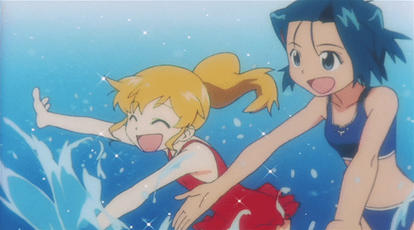 4girls, andou_mahoro, animated, animated_gif, arms_up, bikini, black_hair, blonde_hair