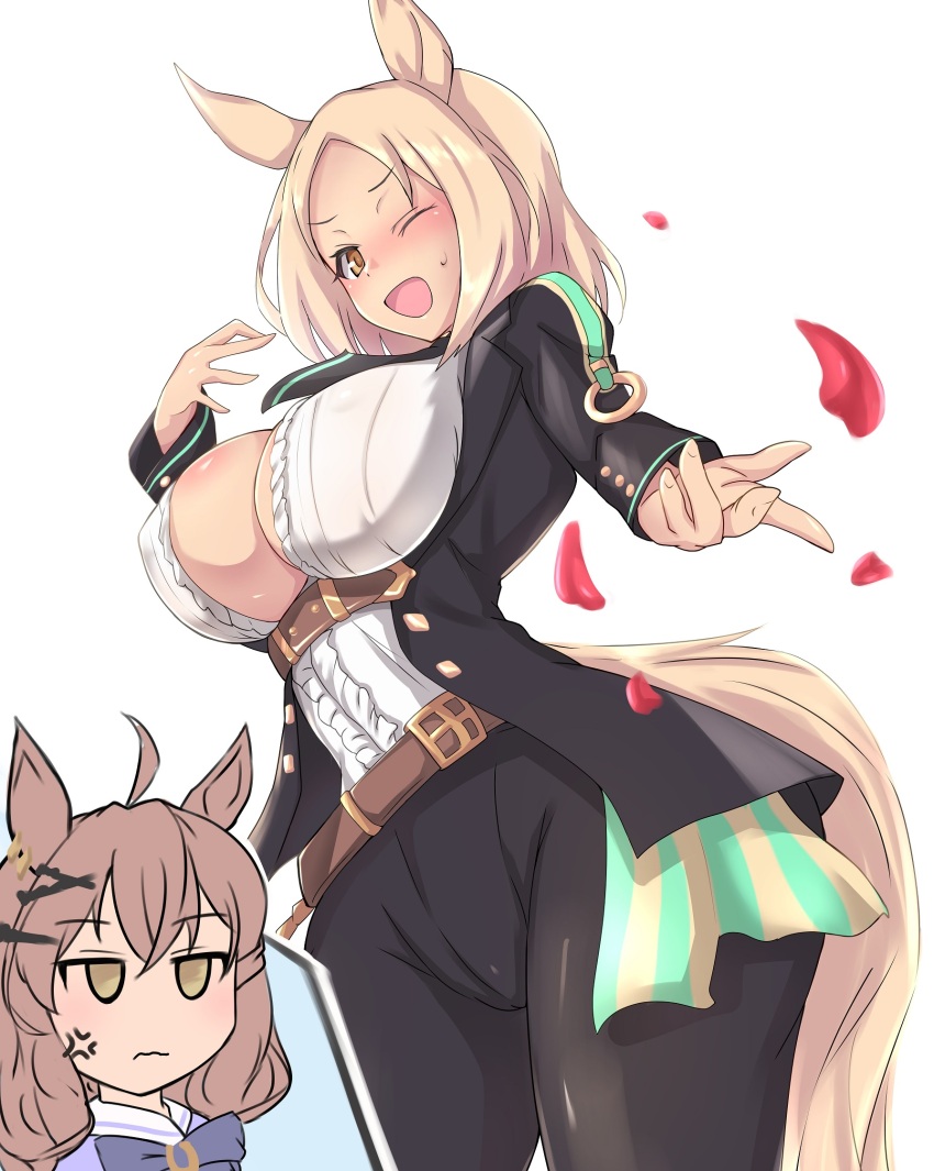 2girls, ;d, ahoge, anger_vein, animal_ears, belt, black_jacket, black_necktie