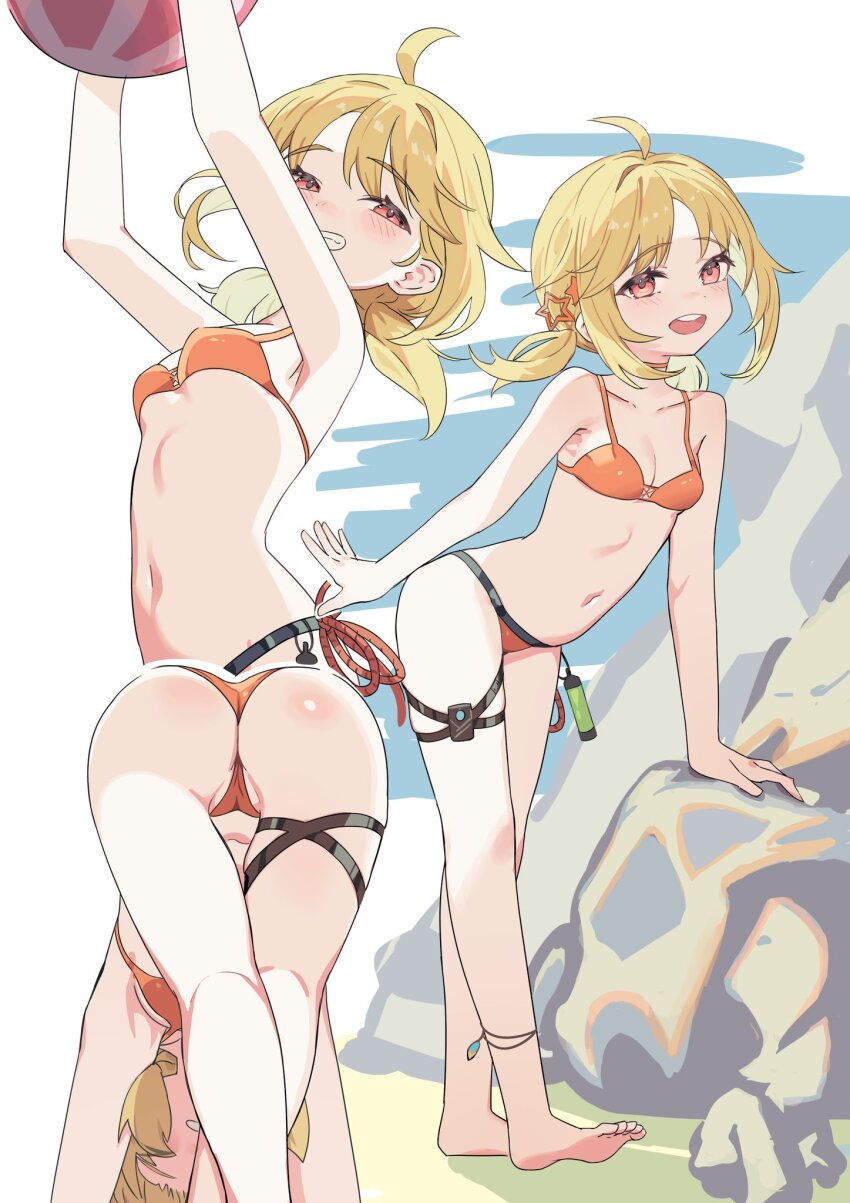 1girl, ahoge, ass, ball, barefoot, beachball, bikini, blonde_hair