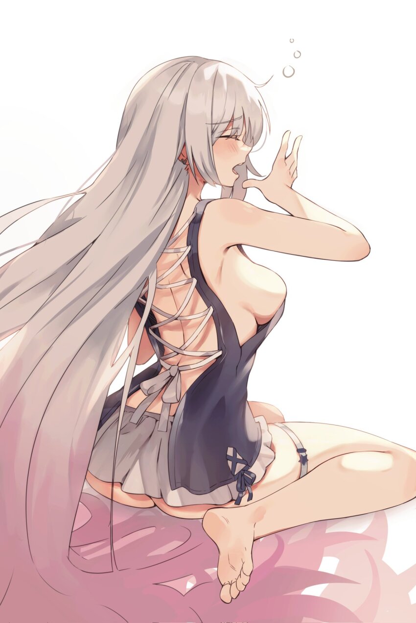 1girl, ass, back, barefoot, black_dress, breasts, closed_eyes, corrupted_twitter_file