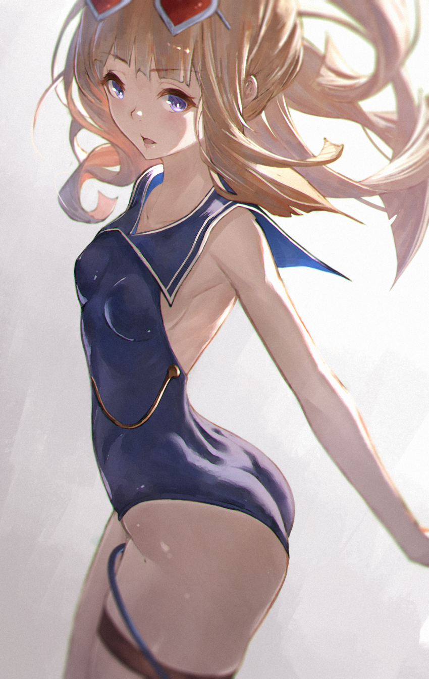 1girl, absurdres, armpits, ass, blonde_hair, blue_eyes, blue_one-piece_swimsuit, breasts, cagliostro_(granblue_fantasy), cagliostro_(summer)_(granblue_fantasy), competition_swimsuit, eyewear_on_head